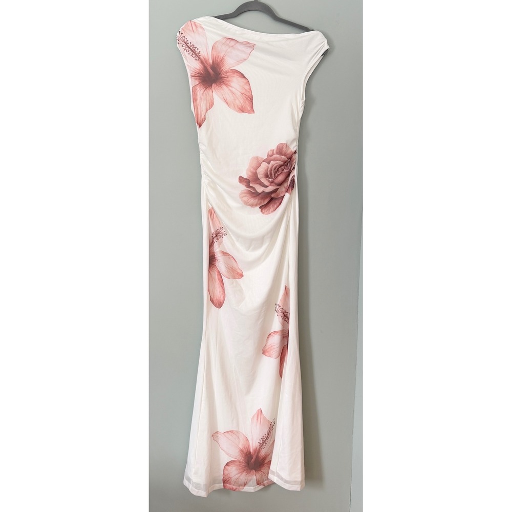 Off The Shoulder‎ Asymmetrical Ruched Maxi Dress White Pink Floral Medium Tall